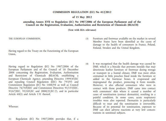 ISO/TS 16186,Verordnung (EU) Nr. 412/2012 zur Änderung des Eintrags 61 in Anhang XVII der REACH-Verordnung (EG) Nr. 1907/2006